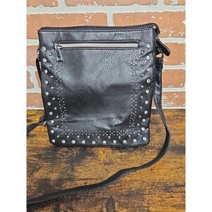 Black Leather Shoulder Biker Bag Purse Rhinestone Studs 10.5 X 9.5 Adjustable
